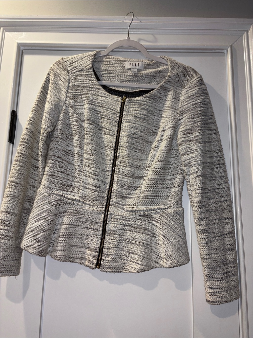 ELLE Cream and Gray Textured Peplum Zip Blazer